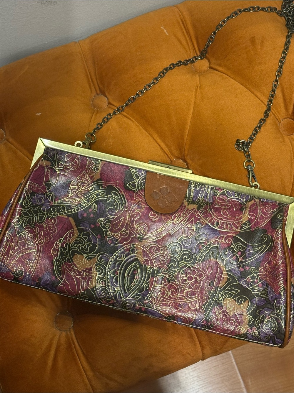Patricia Nash Burgundy Multicolor Paisley Leather Clutch with Chain
